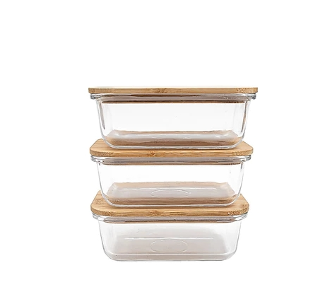 Conjunto de três potes de vidro com tampas de bambu