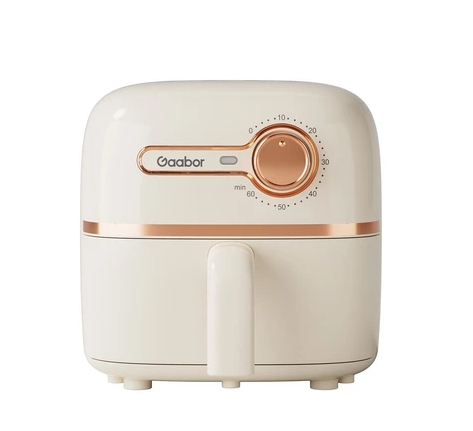 Air fryer compacta branca com detalhes rosé