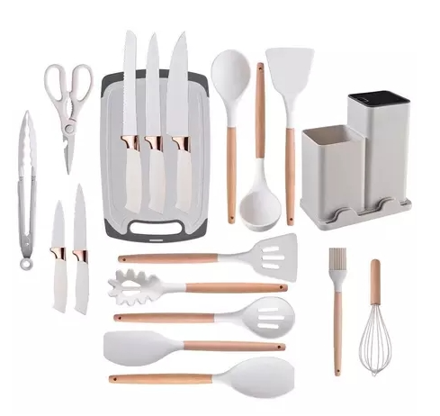 Kit de utensílios de cozinha branco com detalhes rosé